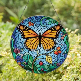 Nature Lovers' Vibrant Monarch Butterfly Tiffany Stained Glass Mosaic Art with Ruby Red & Golden Accents Stained Glass Suncatcher