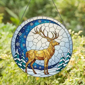 Nature Lovers' Majestic Stag Stained Glass Art, Golden Amber Sapphire Blue Winter Twilight Stained Glass Suncatcher