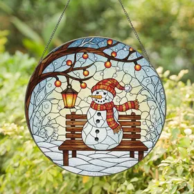 Holiday Enthusiasts' Cheerful Snowman Tiffany Stained Glass Winter Mosaic Red Orange Yellow Stained Glass Suncatcher