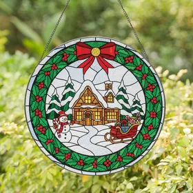Festive Celebration Fans' Intricate Tiffany Style Stained Glass Christmas Cottage & Snowman Scene, Amber Red Green Jewel Tones Stained Glass Suncatcher