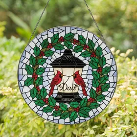 Fathers' Glowing Jewel Tone Stained Glass Lantern with Cardinals, Holly Wreath & 'Dad' Script Stained Glass Suncatcher