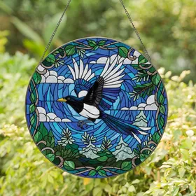 Art Lovers' Tiffany-Style Stained Glass Magpie in Flight, Jewel Tone Mosaic Sky & Metallic Scrolls Stained Glass Suncatcher