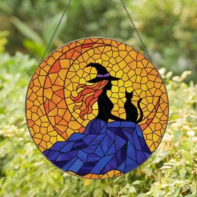 Fantasy Lovers' Tiffany Stained Glass Witch & Black Cat Silhouette, Amber Gold Moon, Royal Blue Purple Stained Glass Suncatcher
