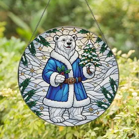 Holiday Art Lovers' Tiffany Glass Polar Bear Festive Winter Scene, Holly, Christmas Tree, Jewel Tones Stained Glass Suncatcher