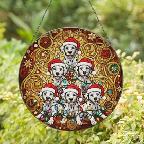 Holiday Dog Lovers' Vibrant Tiffany Stained Glass Dalmatian Puppy Christmas Tree Mosaic Pattern Stained Glass Suncatcher