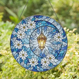 Art Lovers' Tiffany Stained Glass Crescent Moon Lantern Winter Night Icy Blue Gold Mosaic Stained Glass Suncatcher