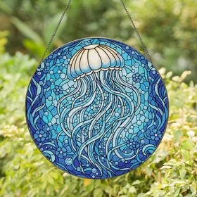 Ocean Lovers' Tiffany Stained Glass Majestic Jellyfish Aqua Cerulean Blue Jewel Tone Art with Intricate Filigree Stained Glass Suncatcher