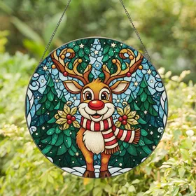 Christmas Lovers' Tiffany Stained Glass Reindeer Mosaic Joyful Red Nose Fir Trees Twinkling Stars Red Amber Cream Stained Glass Suncatcher