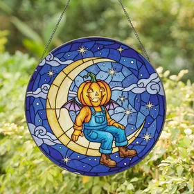 Spooky Season Lover's Grinning Jack-o'-Lantern Stained Glass Jewel Tone Crescent Moon Stained Glass Suncatcher