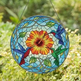 Art Lovers' Intricate Stained Glass Hibiscus Hummingbird Jewel Tones Vibrant Mosaic Stained Glass Suncatcher