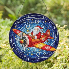 Holiday Art Admirers' Tiffany Stained Glass Santa Airplane Festive Snowflake Starry Night Mosaic Stained Glass Suncatcher