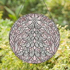 Holiday Enthusiasts' Ornate Tiffany Stained Glass Christmas Tree Glowing Rose Gold Pink Crystal Gem Mosaic Edge-to-Edge Stained Glass Suncatcher
