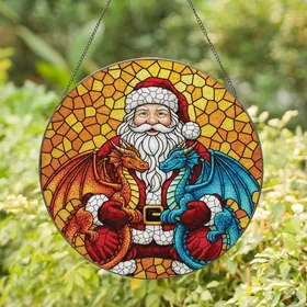 Holiday Fantasy Art Enthusiasts Stained Glass Santa Ruby Red Blue Dragon Tiffany Style Golden Amber Mosaic Stained Glass Suncatcher