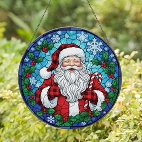 Winter Celebrators' Tiffany Style Stained Glass Santa Claus, Holly & Snowflakes Mosaic Stained Glass Suncatcher