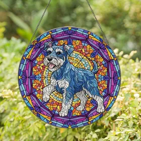 Schnauzer Lovers' Vibrant Jewel Tone Stained Glass Geometric Schnauzer Dog Art Mosaic Stained Glass Suncatcher