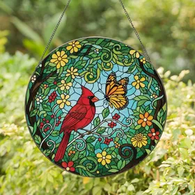 Nature Enthusiasts' Tiffany Stained Glass Cardinal Monarch Butterfly Botanical Mosaic Jewel Tones Stained Glass Suncatcher