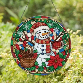 Holiday Celebrators' Tiffany Style Snowman Mosaic Red Green Gold Intricate Stained Glass Stained Glass Suncatcher