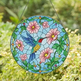 Nature Lovers' Glowing Red Teal Hummingbird Pink Flower Tiffany Stained Glass Mosaic Art Stained Glass Suncatcher