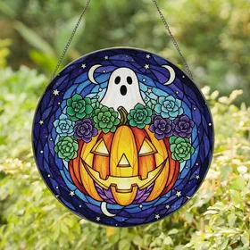 Halloween Lovers' Vivid Stained Glass Jack-o'-lantern Ghost Succulent Night Sky Pattern Stained Glass Suncatcher