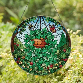 Nature Lovers' Jewel Tone Tiffany Stained Glass Ivy Planter Bumblebee Butterfly Ladybug Mosaic Stained Glass Suncatcher