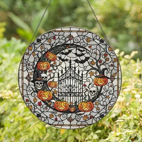Halloween Enthusiasts' Vibrant Tiffany Stained Glass Gothic Gate Bats Skulls Pumpkins Edge-to-Edge Design Stained Glass Suncatcher