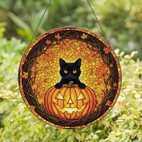 Halloween & Cat Lovers' Stained Glass Black Cat Jack-o'-Lantern Glowing Autumn Foliage Mosaic Stained Glass Suncatcher