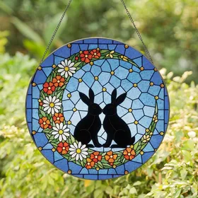 Celestial Dreamers' Vibrant Stained Glass Crescent Moon Rabbits, Blue Sapphire Sky & Floral Jewel Tones Stained Glass Suncatcher
