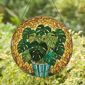 Botanical Enthusiasts' Tiffany Stained Glass Monstera Emerald Lime Teal Pattern Stained Glass Suncatcher