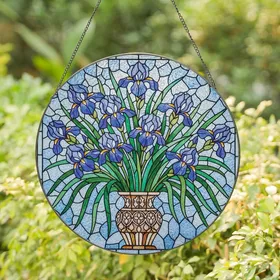 Art Lovers' Tiffany Style Stained Glass Blue Purple Irises Vibrant Floral Mosaic Art Stained Glass Suncatcher