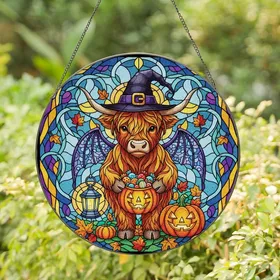 Fantasy Art Lovers' Whimsical Stained Glass Highland Cow Witch Hat Dragon Wings Jewel Tone Mosaic Stained Glass Suncatcher
