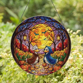 Fantasy Art Admirers' Intricate Tiffany Stained Glass Ducks Jack-o'-Lantern Autumn Twilight Stained Glass Suncatcher