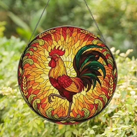 Art & Nature Enthusiasts' Glowing Stained Glass Cockerel Red Orange Yellow Green Black Intricate Abstract Nature Mosaic Stained Glass Suncatcher