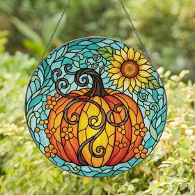 Nature Lovers' Intricate Tiffany Style Pumpkin Sunflower Teal Orange Mosaic Stained Glass Suncatcher