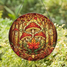 Nature Lovers' Vibrant Tiffany Stained Glass Autumn Forest Toadstool Maple Leaf Mosaic Stained Glass Suncatcher