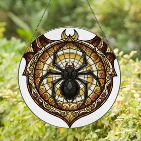Gothic Art Lovers' Ornate Stained Glass Black Spider Web Mosaic in Deep Amber, Bronze, Gold, Black Hues Stained Glass Suncatcher