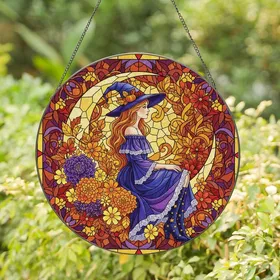 Autumn Magic Lovers Glowing Tiffany Style Stained Glass Witch, Fall Floral Moon & Forest Mosaic Stained Glass Suncatcher
