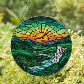 Art Enthusiasts' Vibrant Tiffany Stained Glass Sunset Bird Emerald Teal Mountain Mosaic Stained Glass Suncatcher