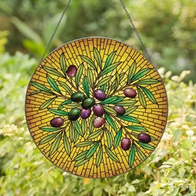 Art Lovers' Tiffany Stained Glass Olive Branch & Fruit Mosaic Green Gold Purple Teal Stained Glass Suncatcher