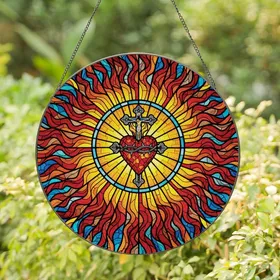 Art & Spirituality Admirers Flaming Sacred Heart Tiffany Glass Red Gold Sunburst Stained Glass Suncatcher