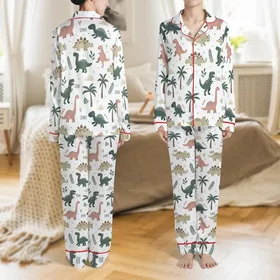 Personalized Dinosaur Lover Pajamas: Playful Jungle Dino Pattern Sleepwear Satin Pajamas Set