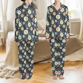 Women's Dark Floral Pajamas: Cottagecore Navy Botanical Cotton Sleep Set Satin Pajamas Set
