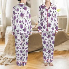 Women's February Birth Flower Sleep Set: Custom Birthday Violet & Deep Purple Floral Loungewear Satin Pajamas Set