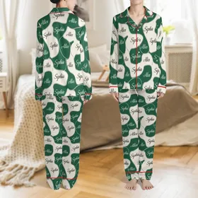 Bridesmaid & Bridal Long Sleeve Satin Sleep Set: Script Name Pattern, Cream Green Organic Cursive Satin Pajamas Set