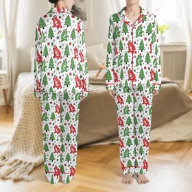 Family Christmas: Whimsical Cartoon Bear & Tree Pattern Matching Pajamas Shorts Set Satin Pajamas Set