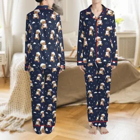 Unisex Youth Adaptive Sleepsuit: Navy Teddy Bear Moon Print, Short Sleeve Cotton Full Back Zipper Satin Pajamas Set