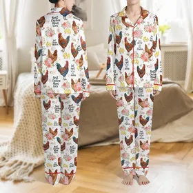 Funny Chicken Mom Pajamas: Floral Farm Animal Rooster & Hen Print - Soft Stretch Sleep Set Satin Pajamas Set