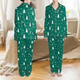 Family Custom Name Christmas Sleep Set: Emerald Green Satin Loungewear with Holly & Star Pattern Satin Pajamas Set