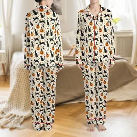 Kids' Halloween Cat & Pumpkin Pajamas: Witch Hat, Bats & Stars Pattern - Cream Spandex Sleepwear Satin Pajamas Set