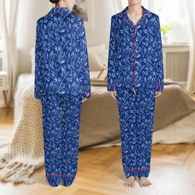 Women's Silk Pajamas: Royal Blue Abstract Botanical Print Long Sleeve Sleep Set Satin Pajamas Set