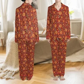 Women's Lush Chintz Kalamkari Style Botanical Floral Tapestry Print Brick Red Burnt Orange Sage Green Satin Pajamas Set